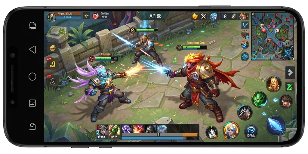 Screenshot gameplay API88 menampilkan karakter bertarung di arena MOBA.