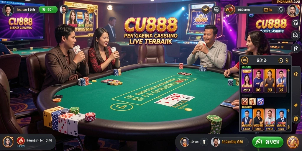 Screenshot gameplay CU888 menampilkan dealer langsung dan suasana kasino yang nyata.