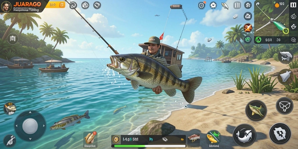 Tampilan gameplay JUARAGO yang menampilkan aktivitas memancing yang seru.