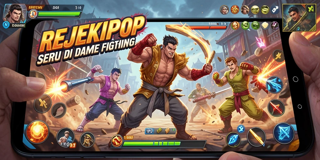 Tampilan gameplay seru dari REJEKIPOP dengan karakter bertarung.
