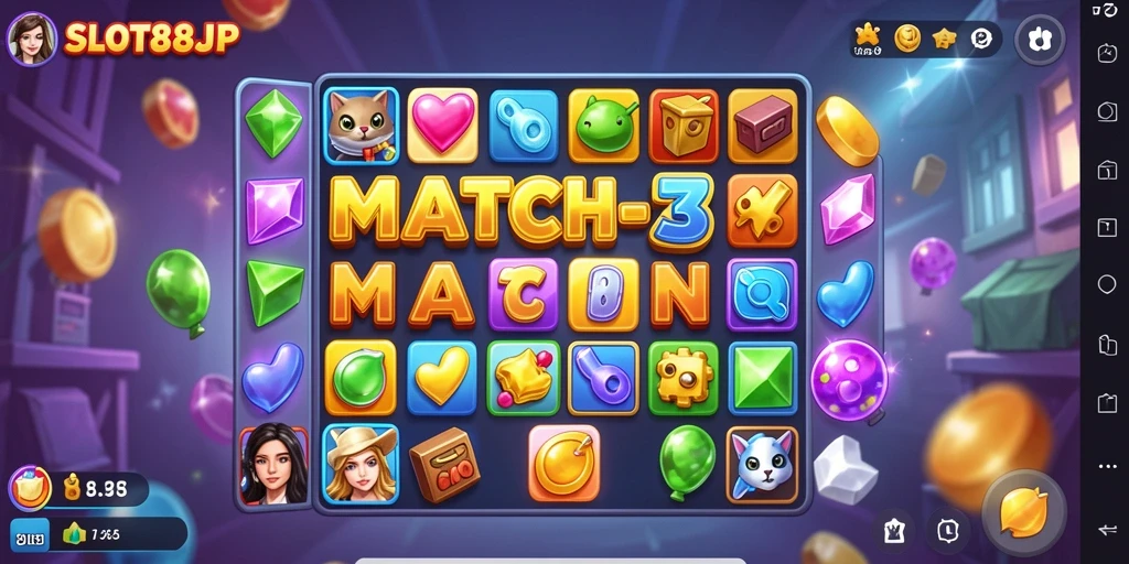 Tampilan gameplay SLOT88JP yang menarik dengan kombinasi item Match-3.