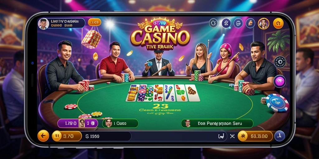 Screenshot gameplay ST789 menampilkan dealer profesional dan suasana kasino langsung.